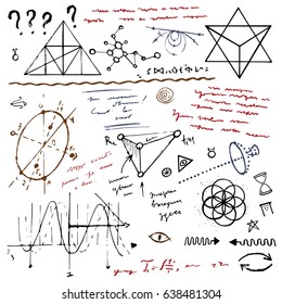 Unidentified Abstract Handwriting Scribble, Geometry Formula Vector Illustration, Science Miscellaneous