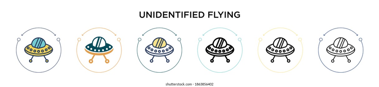 Icono de vuelo no identificado en el estilo relleno, delgado, contorno y trazo. Ilustración vectorial de dos diseños de vectores voladores no identificados de color y negro se pueden utilizar para móviles, ui, web