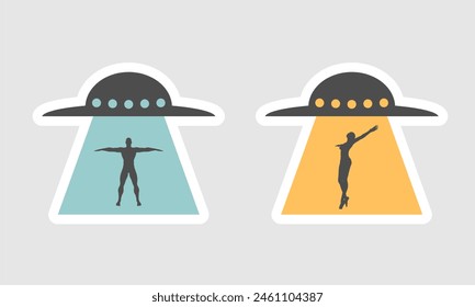 Unidentified flying object and abducted people silhouettes. Science fiction concept