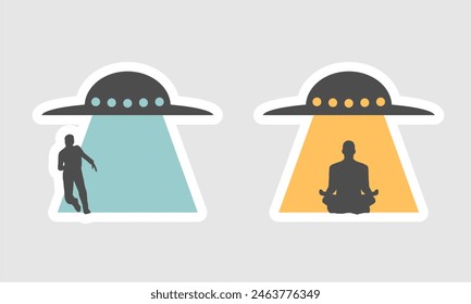 Unidentified flying object and abducted people silhouettes. Science fiction concept