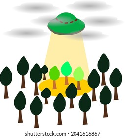 Unidentified flying object hovering over a forest with trees.