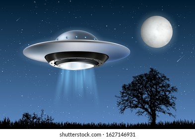 Unidentified flying object and night landscape - vector illustration