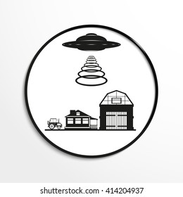Unidentified flying object over the countryside. Vector illustration. Black and white view.