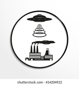 Unidentified flying object over the factory. Vector illustration. Black and white view.