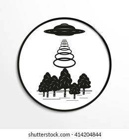 Unidentified flying object over the forest. Vector illustration. Black and white view.