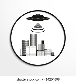 Unidentified flying object over a modern city. Vector illustration. Black and white view.