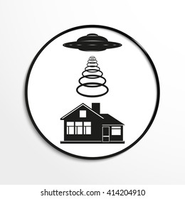 Unidentified flying object over a private home. Vector illustration. Black and white view.