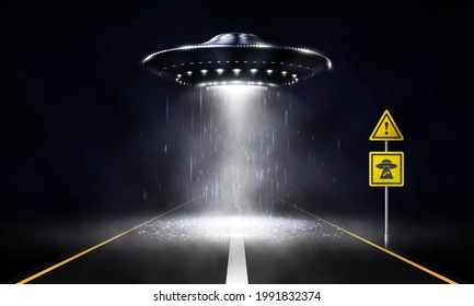 Unidentified flying object over the road. Realistic alien spaceship. Vector illustration