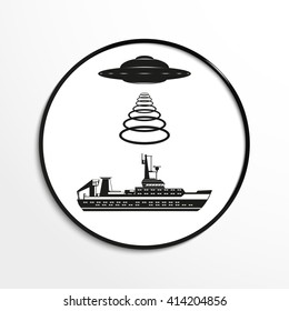 Unidentified flying object over the ship. Vector illustration. Black and white view.