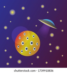 unidentified flying object and a planet with many eyes on the background of shining yellow stars and the night sky, the concept of fiction and aliens.