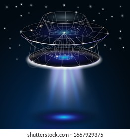 Unidentified flying object in the sky.  Space ship with transparent blue ray