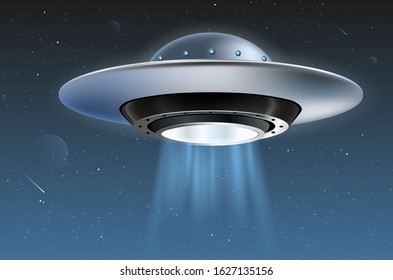 Unidentified flying object and starry night sky - vector illustration