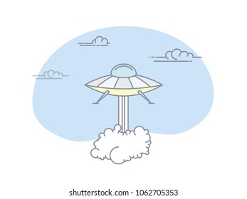 Unidentified Flying Object Start Fly With Dense Clouds of Smoke. Line Style Vector Illustration.