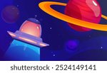 Unidentified flying object UFO on space landscape. Alien spaceship traveling in universe. Cartoon extraterrestrial spacecraft and Saturn planet. Fantasy alien galaxy game vector background