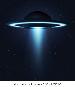 Unidentified flying object. UFO flying on the horizon night sky. Futuristic ufo on Space stars background.