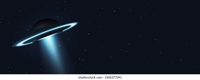 Unidentified flying object. UFO flying on the horizon night sky. Futuristic ufo on Space stars background.
