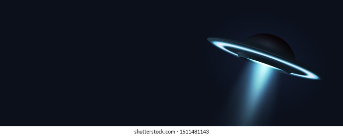 Unidentified flying object. UFO flying on the horizon night sky. Futuristic ufo on Space stars background.