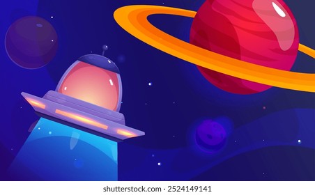 Unidentified flying object UFO on space landscape. Alien spaceship traveling in universe. Cartoon extraterrestrial spacecraft and Saturn planet. Fantasy alien galaxy game vector background