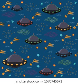 Unidentified flying object, UFO, starry sky, black background, vector, seamless pattern
