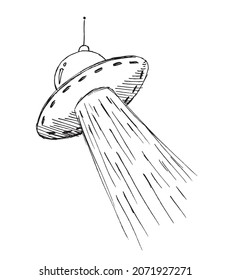 Unidentified flying object (UFO) vector illustration. Spaceship hand drawing. Flying saucer pen sketch. 