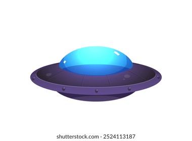 Unidentified flying object UFO vector icon. Cute alien spaceship saucer shape. Cartoon flying extraterrestrial spacecraft with blue dome ufo shuttle isolated on white. Fantasy cosmic object