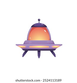 Unidentified flying object UFO vector icon. Cute alien spaceship saucer dome shape shuttle. Cartoon flying extraterrestrial spacecraft with legs, antenna, spotlights. Fantasy cosmic object isolated