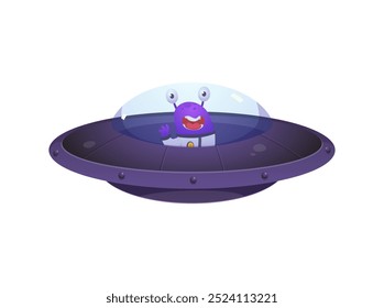 Unidentified flying object UFO vector icon. Alien spaceship saucer shape with Martian greets. Fantasy cosmic cute character. Cartoon flying extraterrestrial spacecraft ufo shuttle isolated