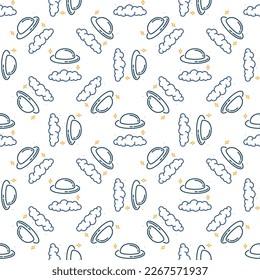 Unidentified Flying Object vector UFO in Sky concept seamless pattern