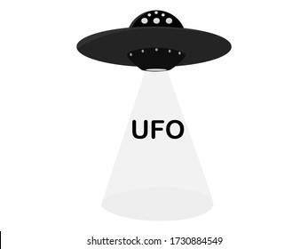 Unidentified flying objects flying shine light down, Black color symbol UFO isolated white background, technology flying disk transportation for alien from universe, spacecraft ship in the galaxy 