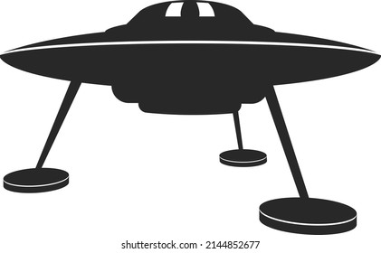 Unidentified flying saucer on legs. Flat black icon. Vector illustration isolated on a white background.