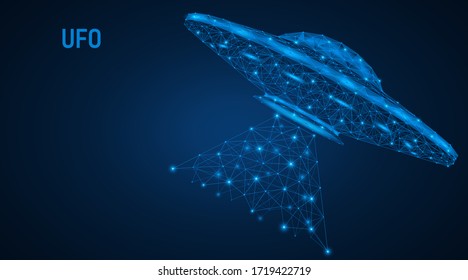 An unidentified flying ship with a light beam. A low-poly UFO model consisting of lines and dots. Blue background.