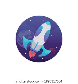 Unidentified spaceship, rocket using alien science technology for travel in space. Kids sticker with speed ship flying at galaxy among stars. Flat cartoon vector illustration.