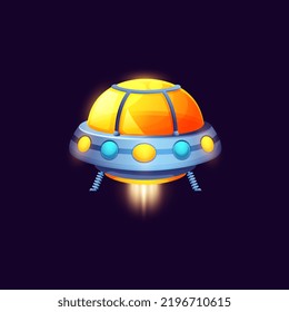 Unidentified or unknown flying object animated rocketship with dome isolated cartoon sci fi craft. Vector starship game asset, martian invaders spacecraft, alliance transportation spaceship, toy