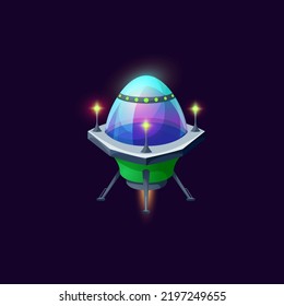 Unidentified or unknown flying object animated rocketship shuttle isolated cartoon design ui game element. Vector martian invaders spacecraft with dome, alliance transportation spaceship, toy