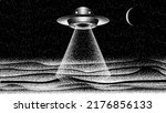 Unidentifited flying object in space. Futuristic landscape, with noise texture . Night landscape with starry sky .Vector illustration