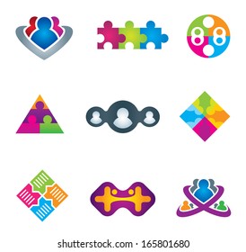 Unification of social community network and communication icons on white background logo leader teamwork business vector illustration