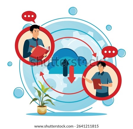 Unified communication concept. Two business professionals engaging in file sharing using cloud data services, symbolizing remote collaboration, data exchange, and digital teamwork.