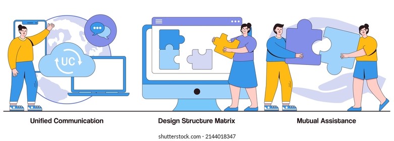 Comunicación unificada, matriz de estructura de diseño, conceptos de asistencia mutua con personajes. Paquete de ilustraciones vectoriales abstractas de soporte empresarial.