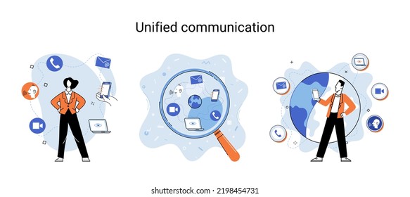 Unified communication metaphor. Characters use wireless telephony connection. Telecommunication system via cloud or network. Social media creative idea. Online social network. Business interaction app