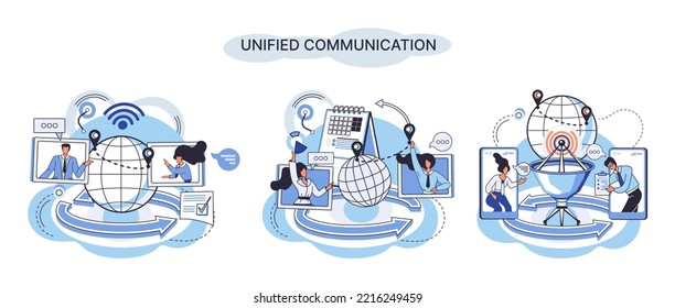 Unified communication metaphor. Characters use wireless telephony connection. Telecommunication system via cloud or network. Social media creative idea. Online social network. Business interaction app