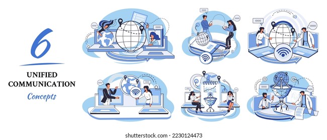 Unified communication metaphor. Characters use wireless telephony connection. Telecommunication system via cloud or network. Social media creative idea. Online social network. Business interaction app