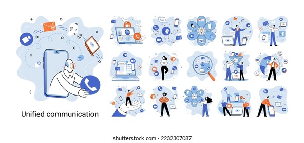 Unified communication metaphor. Characters use wireless telephony connection. Telecommunication system via cloud or network. Social media creative idea. Online social network. Business interaction app