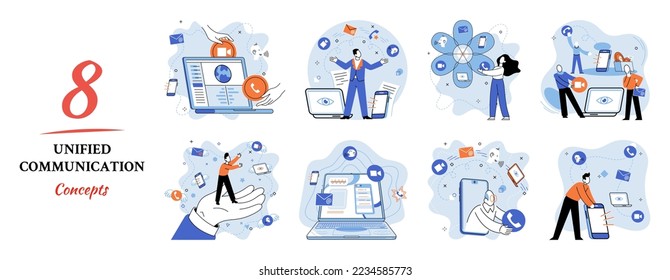 Metáfora de comunicación unificada. Los caracteres utilizan la conexión de telefonía inalámbrica. Sistema de telecomunicaciones a través de la nube o la red. Idea creativa de los medios sociales. Red social en línea. aplicación de interacción comercial