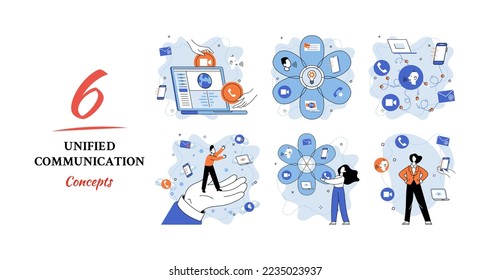 Unified communication metaphor. Characters use wireless telephony connection. Telecommunication system via cloud or network. Social media creative idea. Online social network. Business interaction app