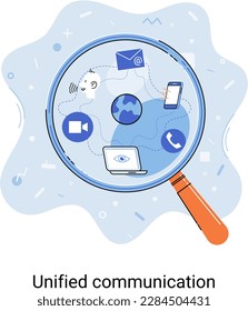 Unified communication metaphor. Characters use wireless telephony connection. Telecommunication system via cloud or network. Social media creative idea. Online social network. Business interaction app