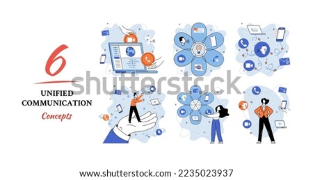 Unified communication metaphor. Characters use wireless telephony connection. Telecommunication system via cloud or network. Social media creative idea. Online social network. Business interaction app