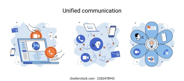 Unified communication metaphor. Social media creative idea. Online social network. Business interaction applications. Marketing time. Mobile computer gadgets for cooperations and information exchange