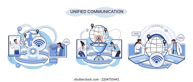Unified communication metaphor. Social media creative idea. Online social network. Business interaction applications. Marketing time. Mobile computer gadgets for cooperations and information exchange