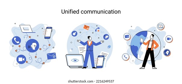 Unified communication metaphor. Social media creative idea. Online social network. Business interaction applications. Marketing time. Mobile computer gadgets for cooperations and information exchange