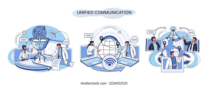 Unified communication metaphor. Social media creative idea. Online social network. Business interaction applications. Marketing time. Mobile computer gadgets for cooperations and information exchange
